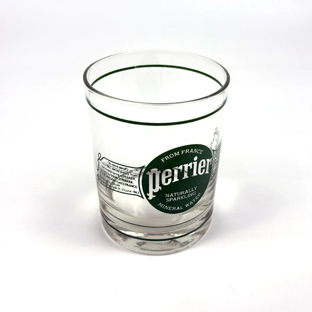VTG 80s Perrier Tumbler Glass Sparkling Mineral Water C'est Fou Retro Advertisng